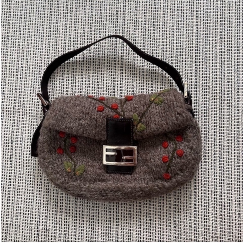 VINTAGE Fendi Baguette Knit Floral Crochet Brown Orange Green - Picture 2 of 13